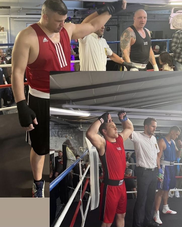 Leonid Moskoglo und Tommy Wolff nach ihren Siegen beim Amateur-Boxevent, Boxring Wetterau